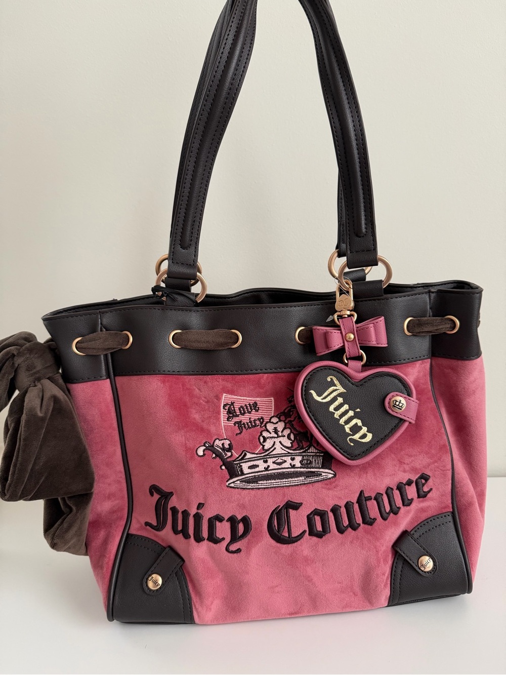 Juicy Couture Pink and Black Tote Bag with Heart Charm